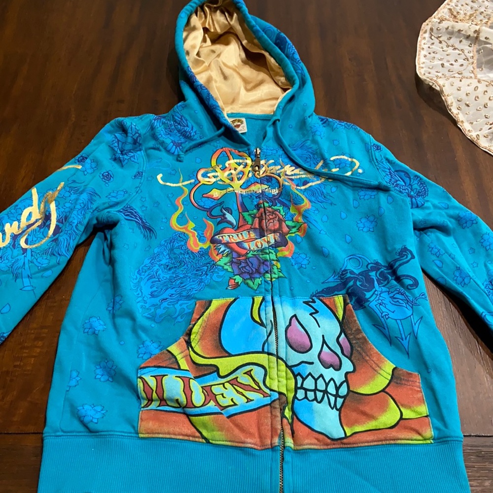 Vintage Ed Hardy by Christian Audigier. Jacket in size small. Turquoise & gold.
